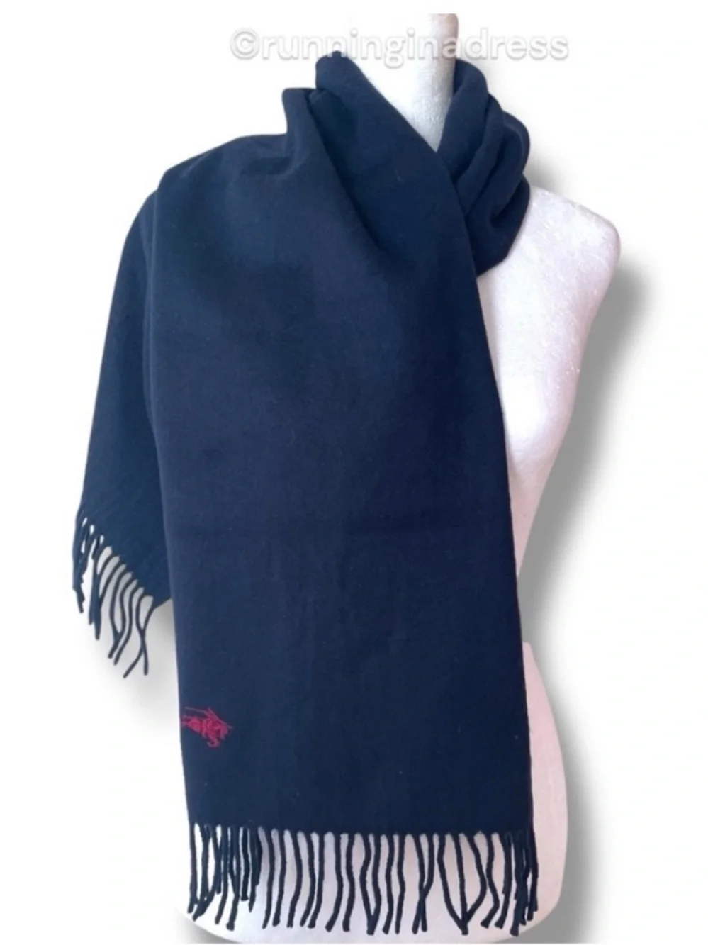 Vintage Burberrys Cashmere Scarf Navy Blue Red Equestrian Knight Logo Pre-1999